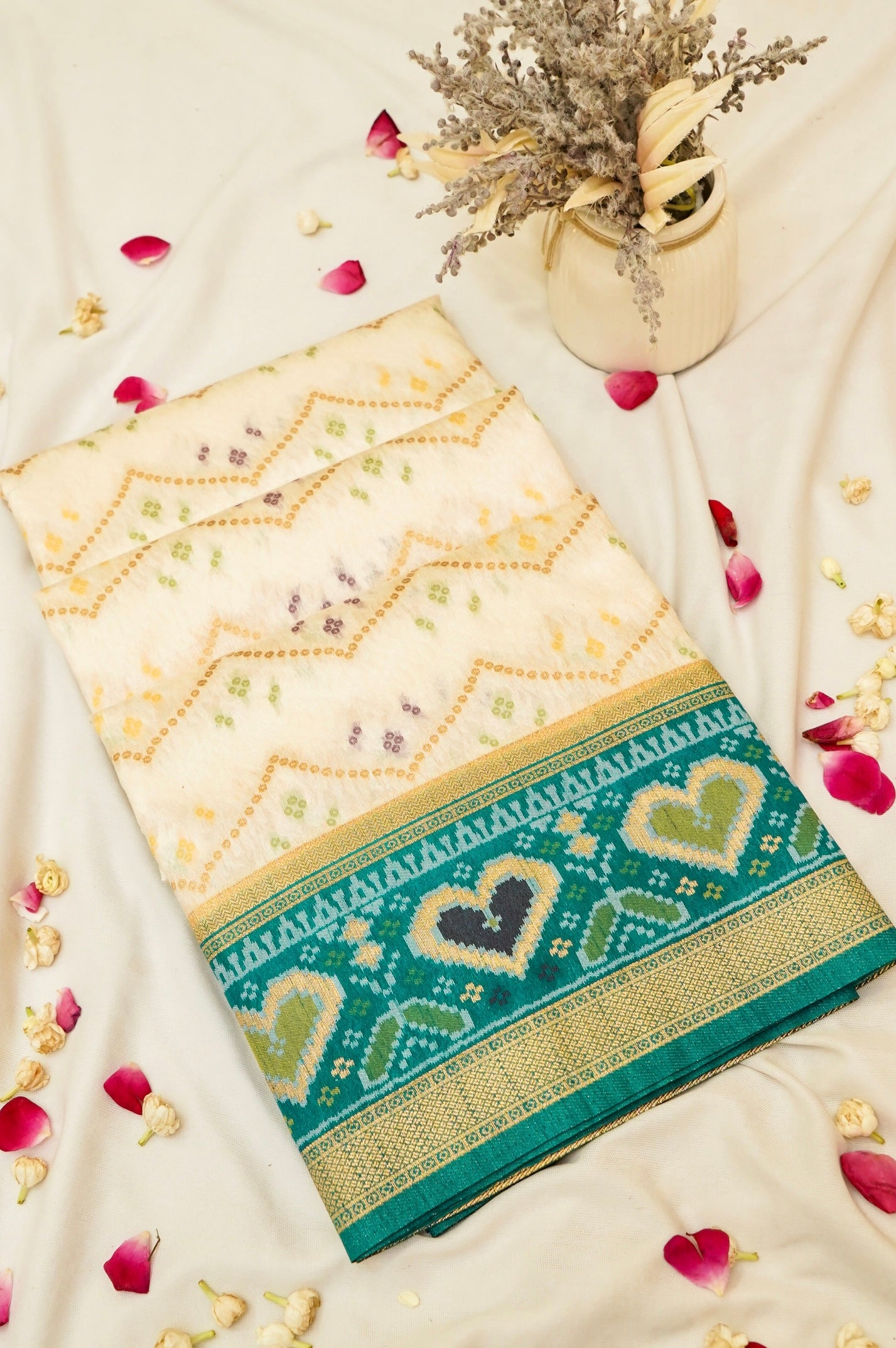 Ivory Ikkat Patola Silk Saree with Teal Border and Stitched Blouse