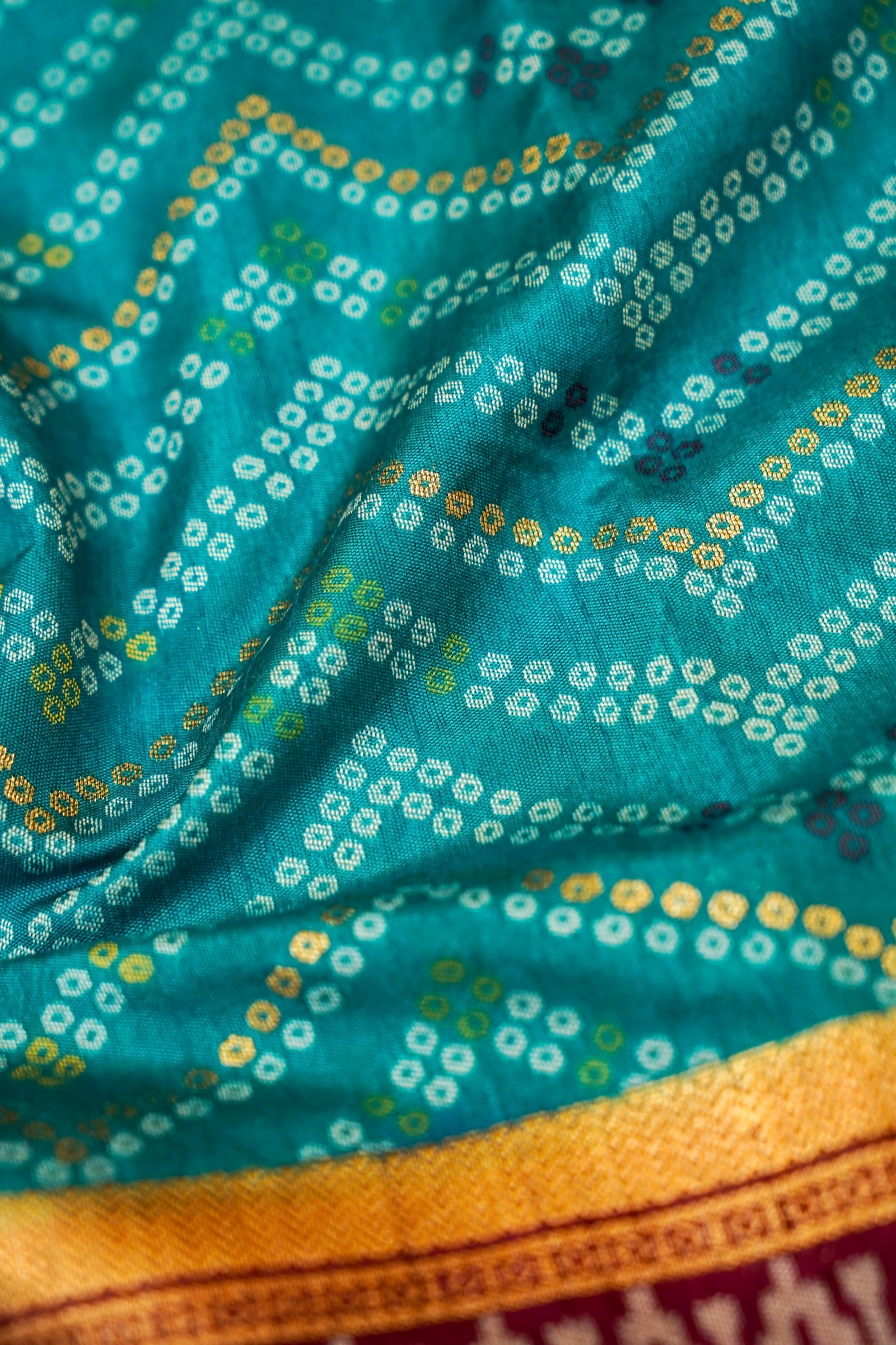 Turquoise Blue Ikkat Patola Silk Saree with Wine Border and Stitched Blouse