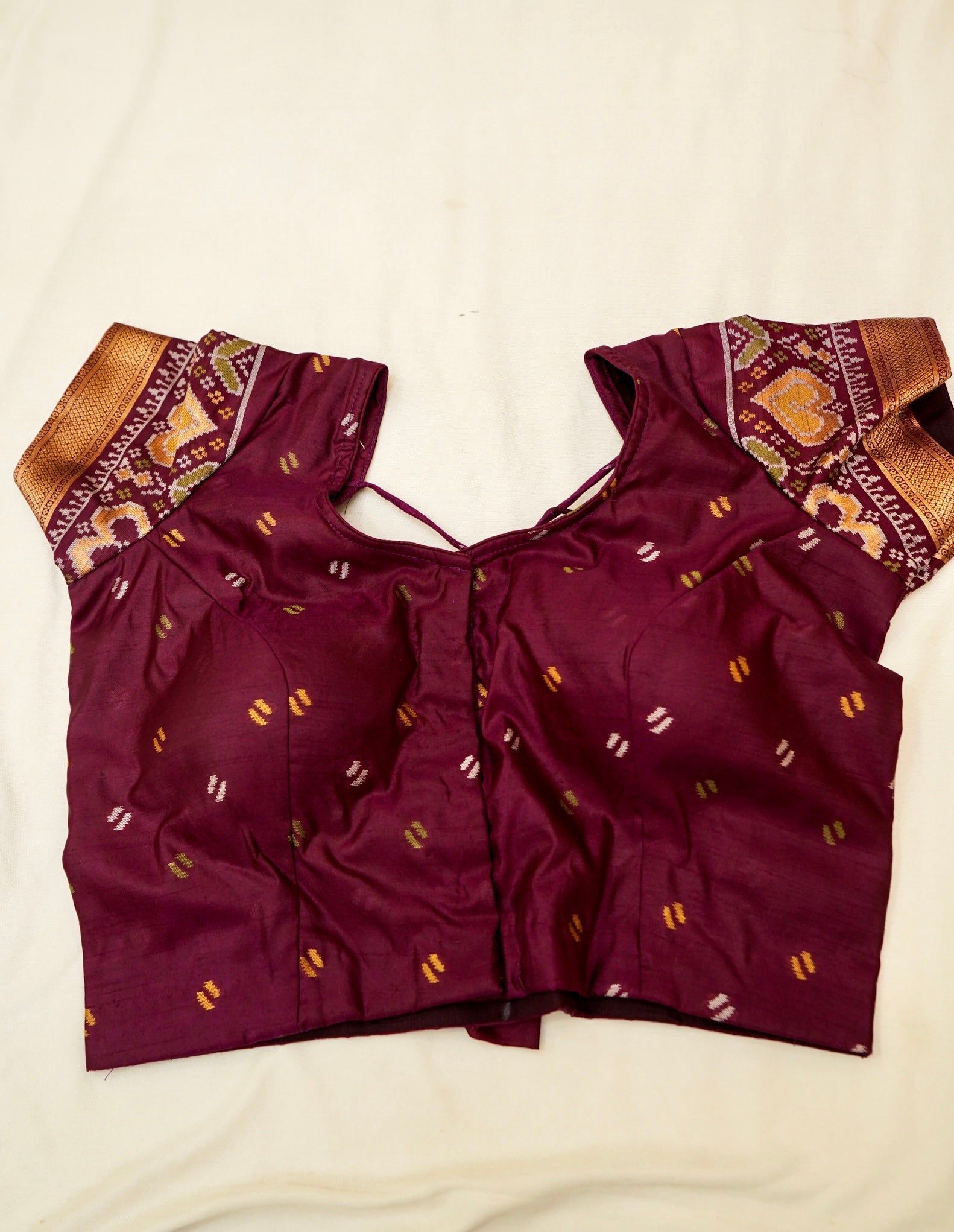 Turquoise Blue Ikkat Patola Silk Saree with Wine Border and Stitched Blouse