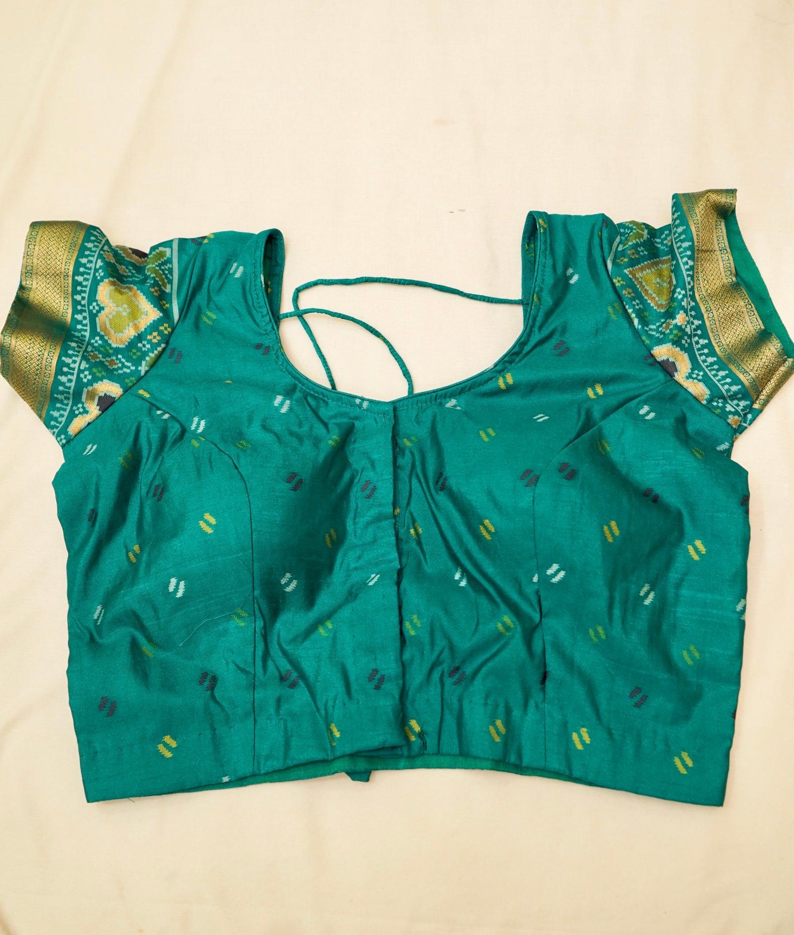 Wine Ikkat Patola Silk Saree with Teal Border and Stitched Blouse