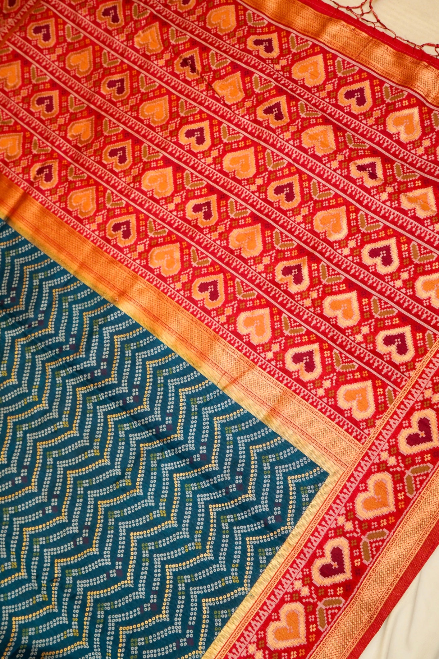 Deep Navy Blue Ikkat Patola Silk Saree with Mustard Border and Stitched Blouse