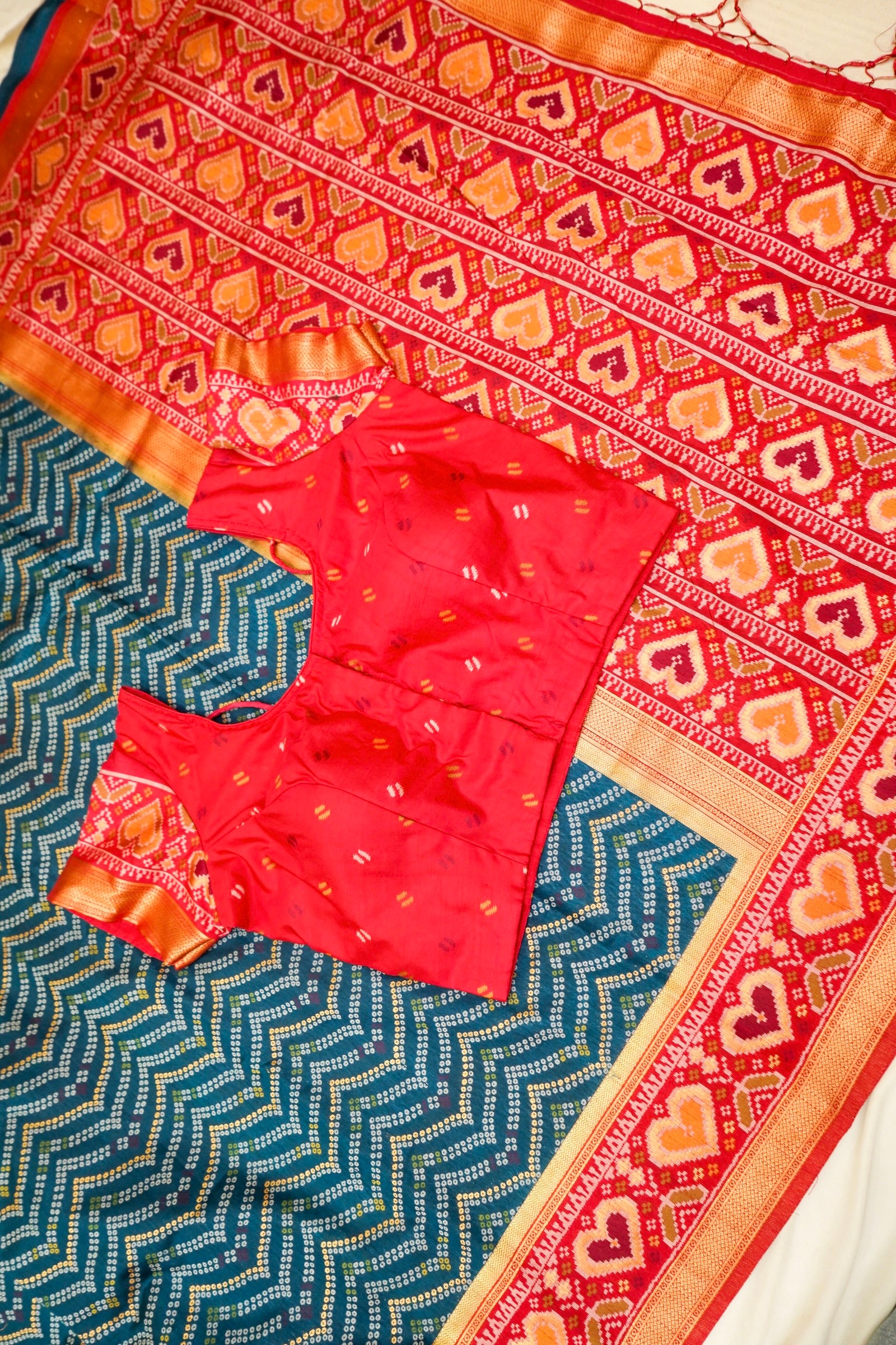 Deep Navy Blue Ikkat Patola Silk Saree with Mustard Border and Stitched Blouse