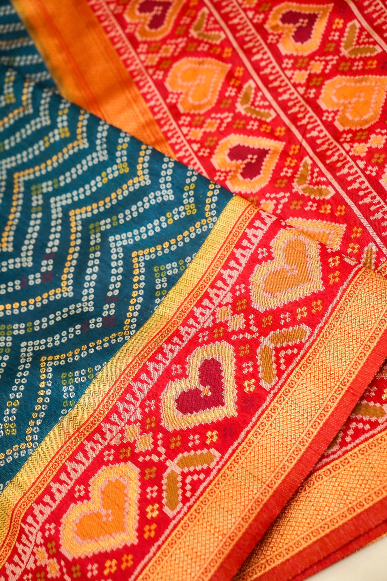 Deep Navy Blue Ikkat Patola Silk Saree with Mustard Border and Stitched Blouse