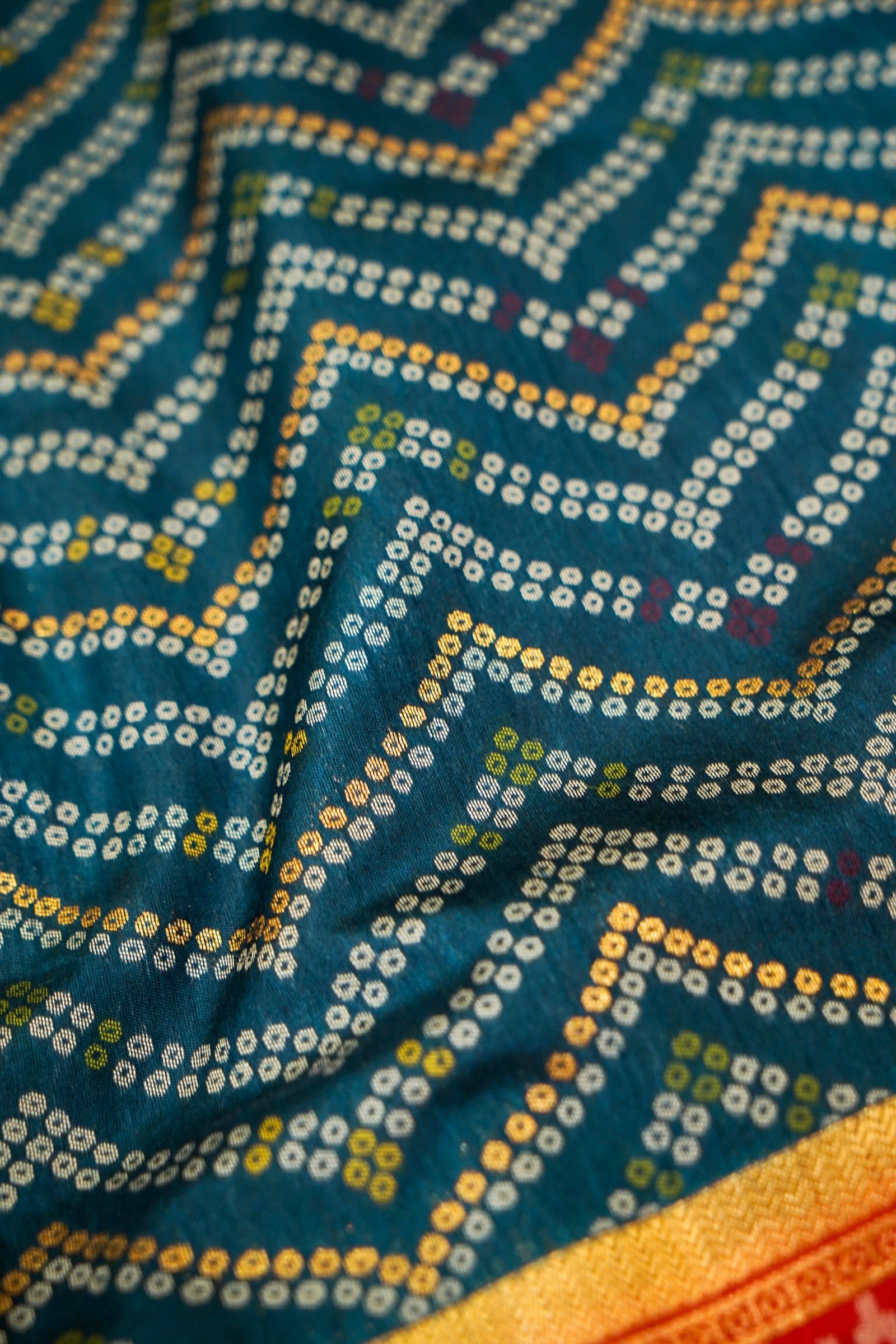 Deep Navy Blue Ikkat Patola Silk Saree with Mustard Border and Stitched Blouse