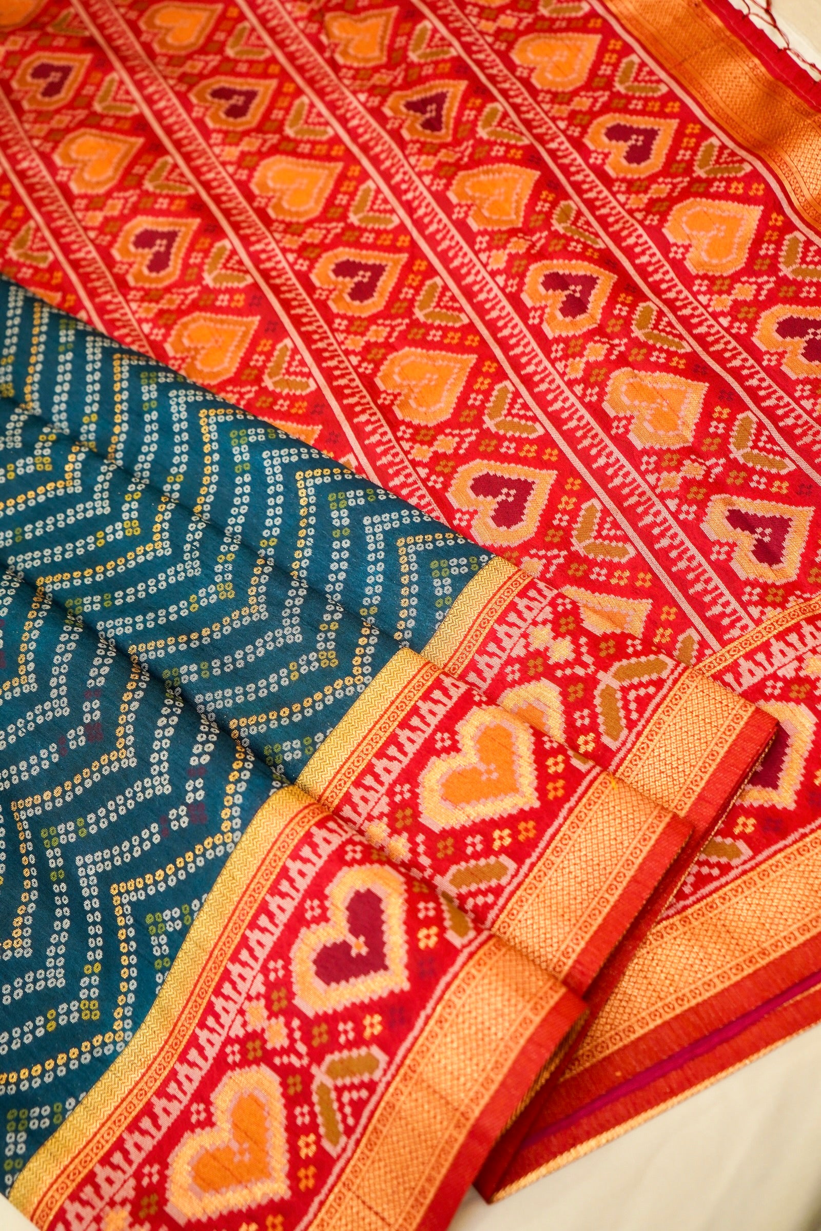 Deep Navy Blue Ikkat Patola Silk Saree with Mustard Border and Stitched Blouse