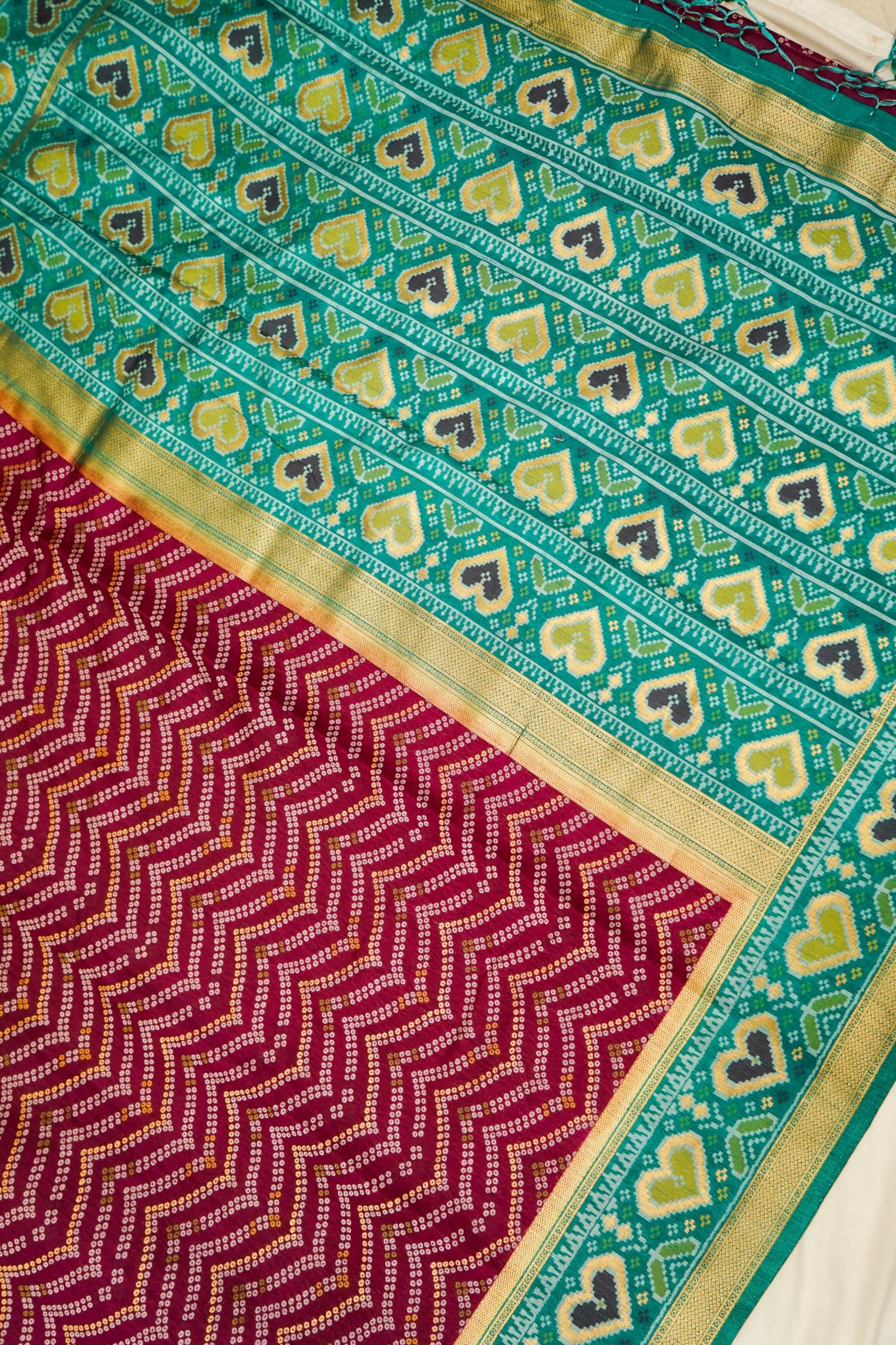 Wine Ikkat Patola Silk Saree with Teal Border and Stitched Blouse