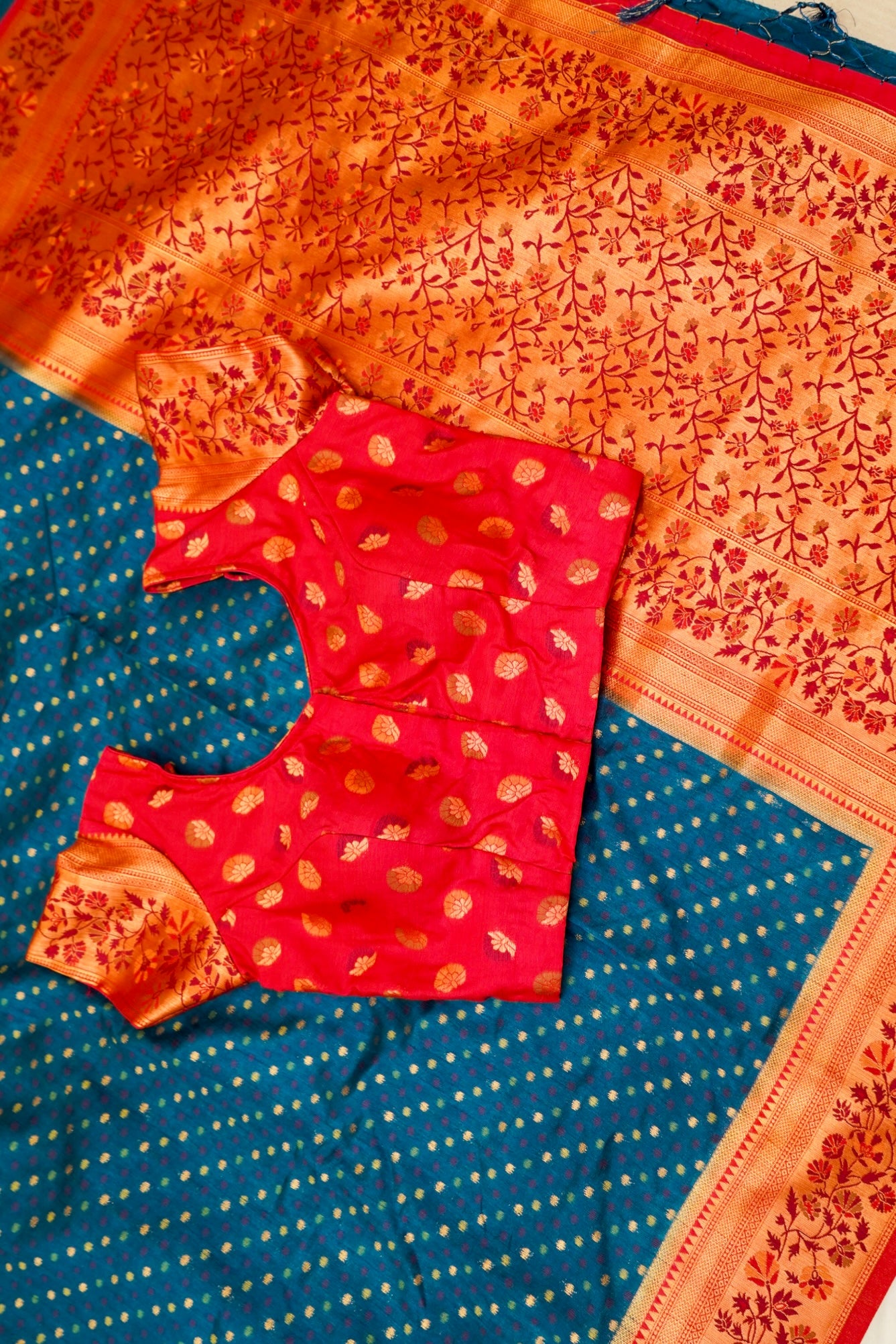 Navy Blue Paithani Style Ikkat Patola Silk Saree with Stitched Blouse