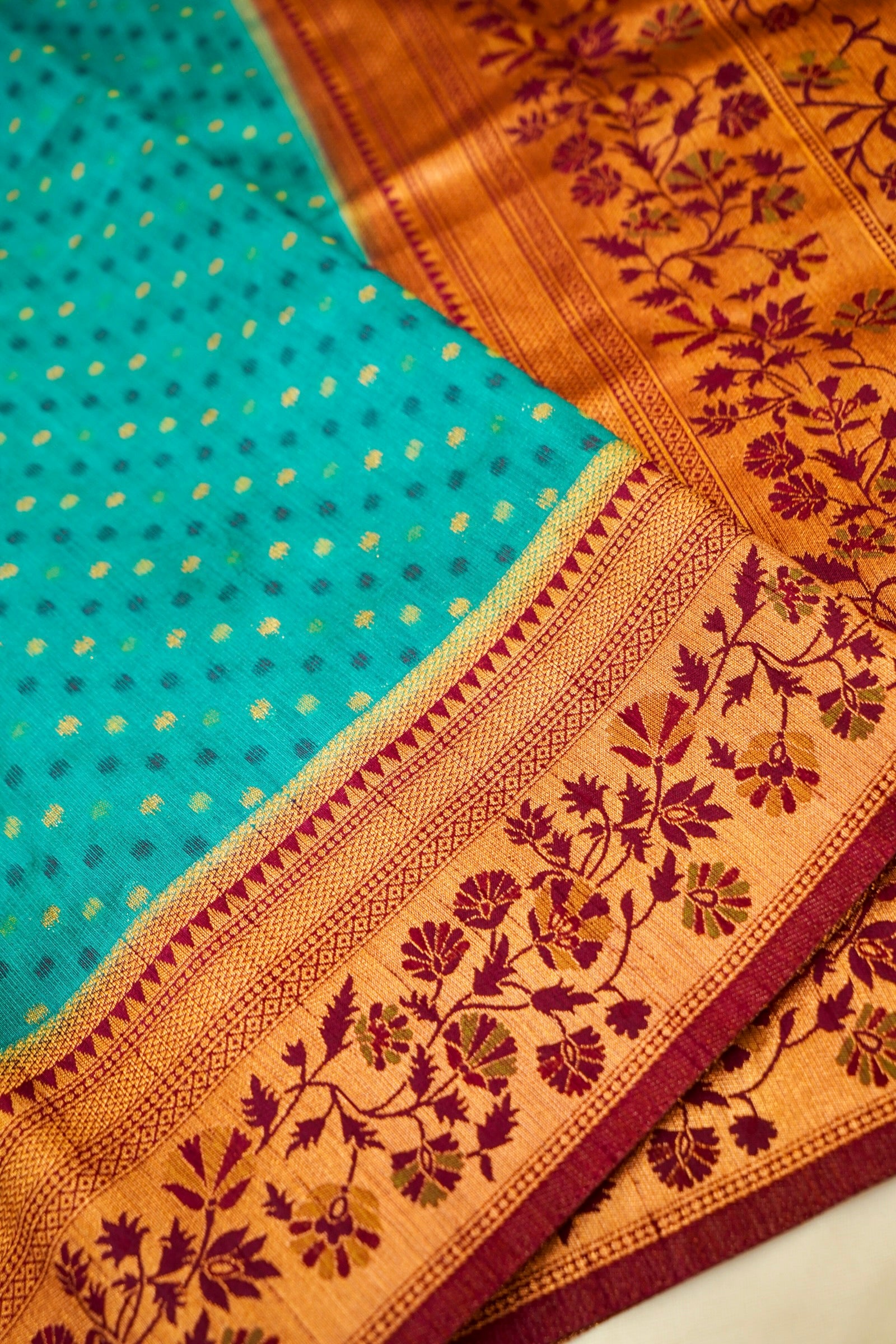 Teal Blue Paithani Style Ikkat Patola Silk Saree with Stitched Blouse