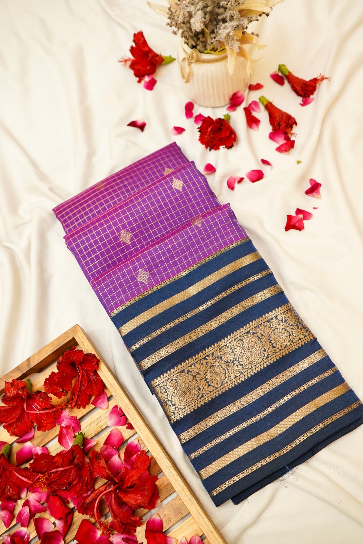 Maithili - Magenta Pure Kanjipuram Silk Saree with Navy Blue Border