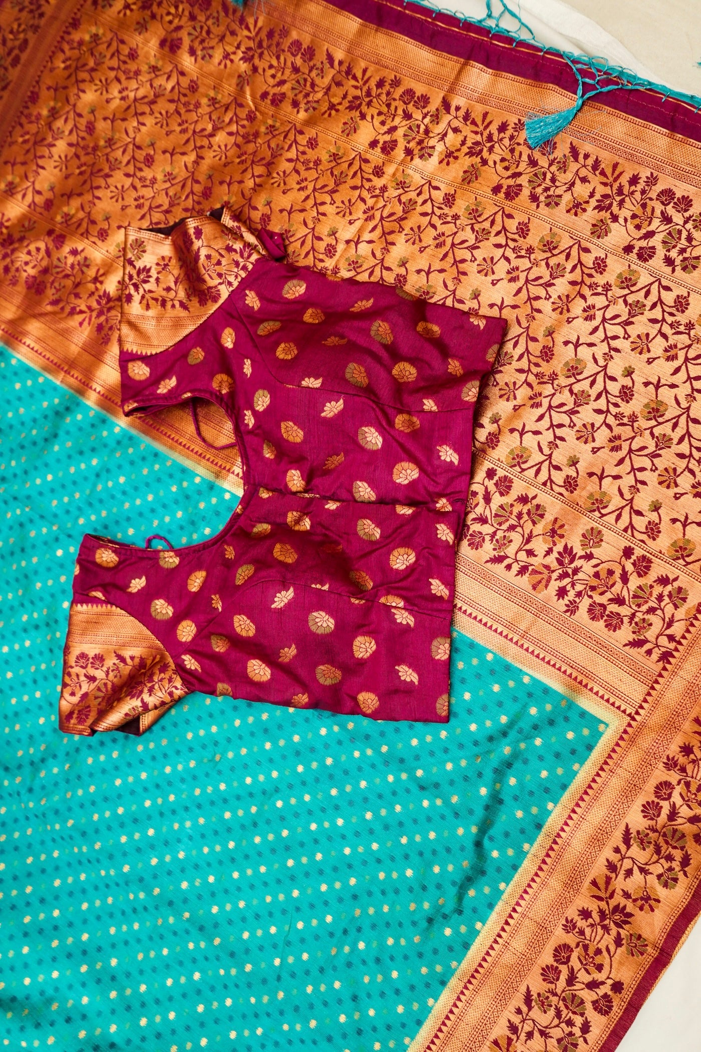 Teal Blue Paithani Style Ikkat Patola Silk Saree with Stitched Blouse