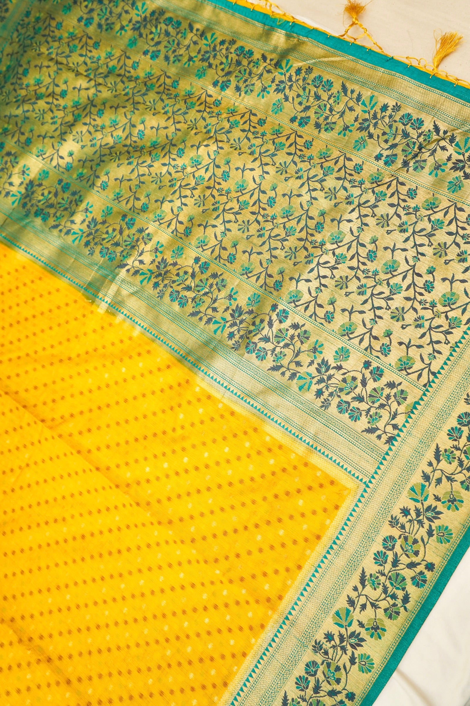 Golden Yellow Paithani Style Ikkat Patola Silk Saree with Stitched Blouse