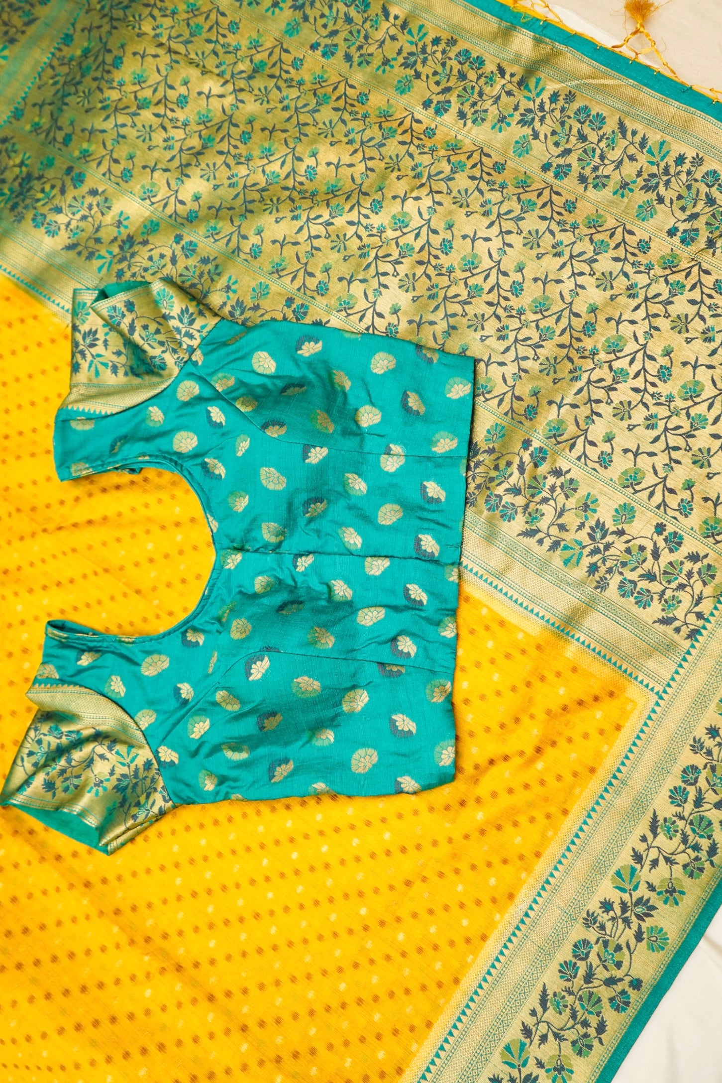 Golden Yellow Paithani Style Ikkat Patola Silk Saree with Stitched Blouse