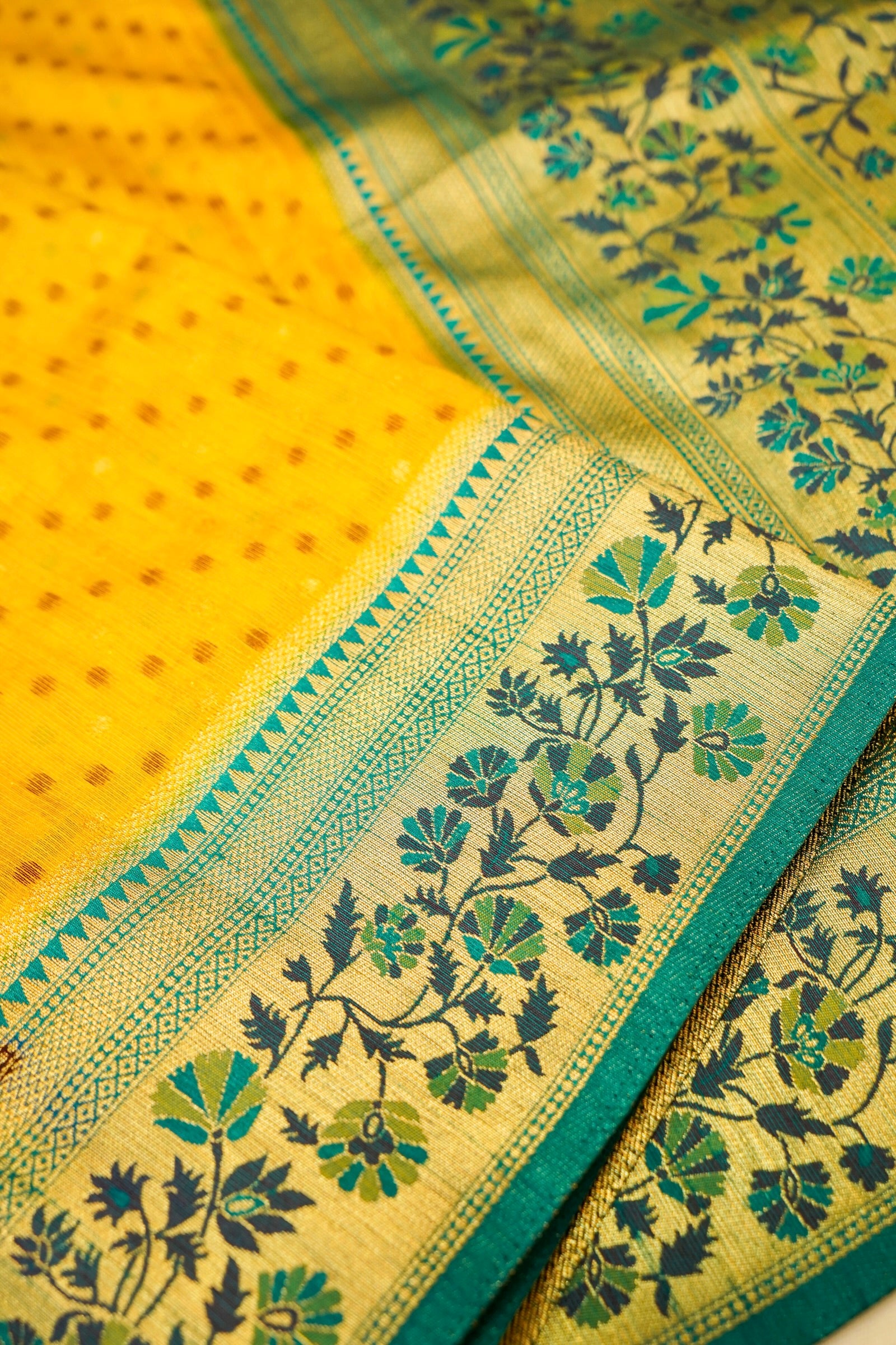 Golden Yellow Paithani Style Ikkat Patola Silk Saree with Stitched Blouse