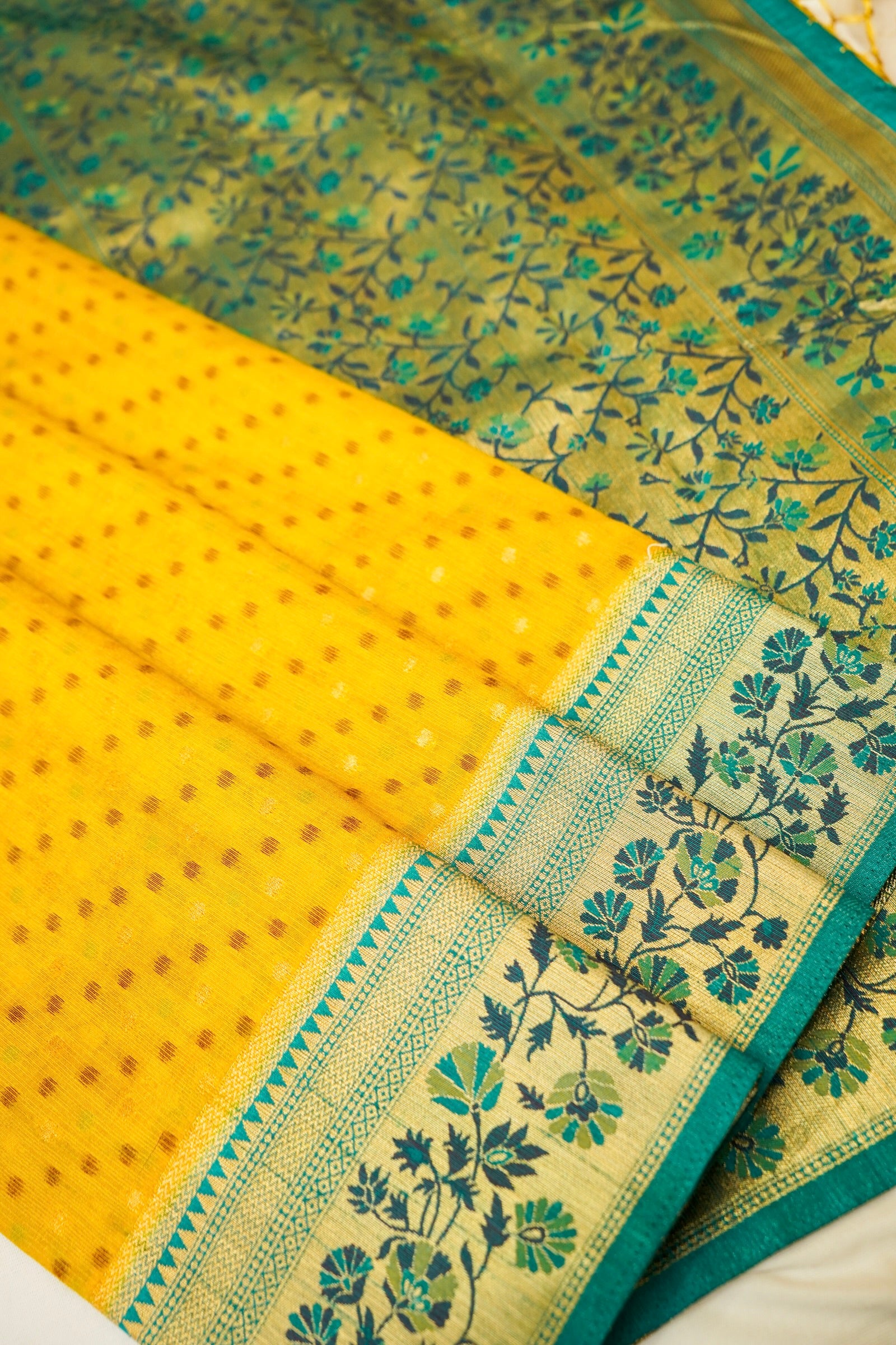 Golden Yellow Paithani Style Ikkat Patola Silk Saree with Stitched Blouse