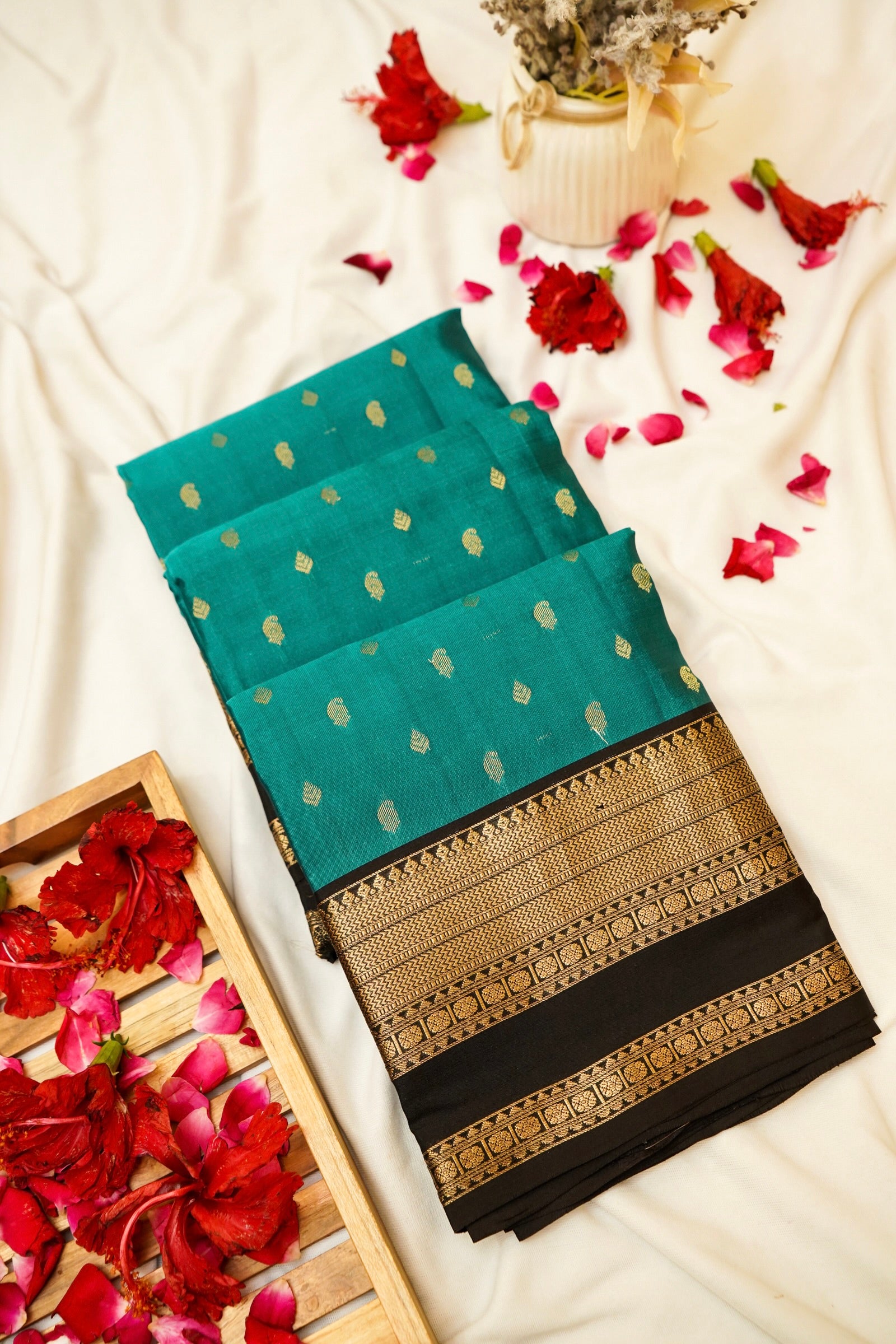 Maithili - Sea Green Pure Kanjipuram Silk Saree with Brown Border