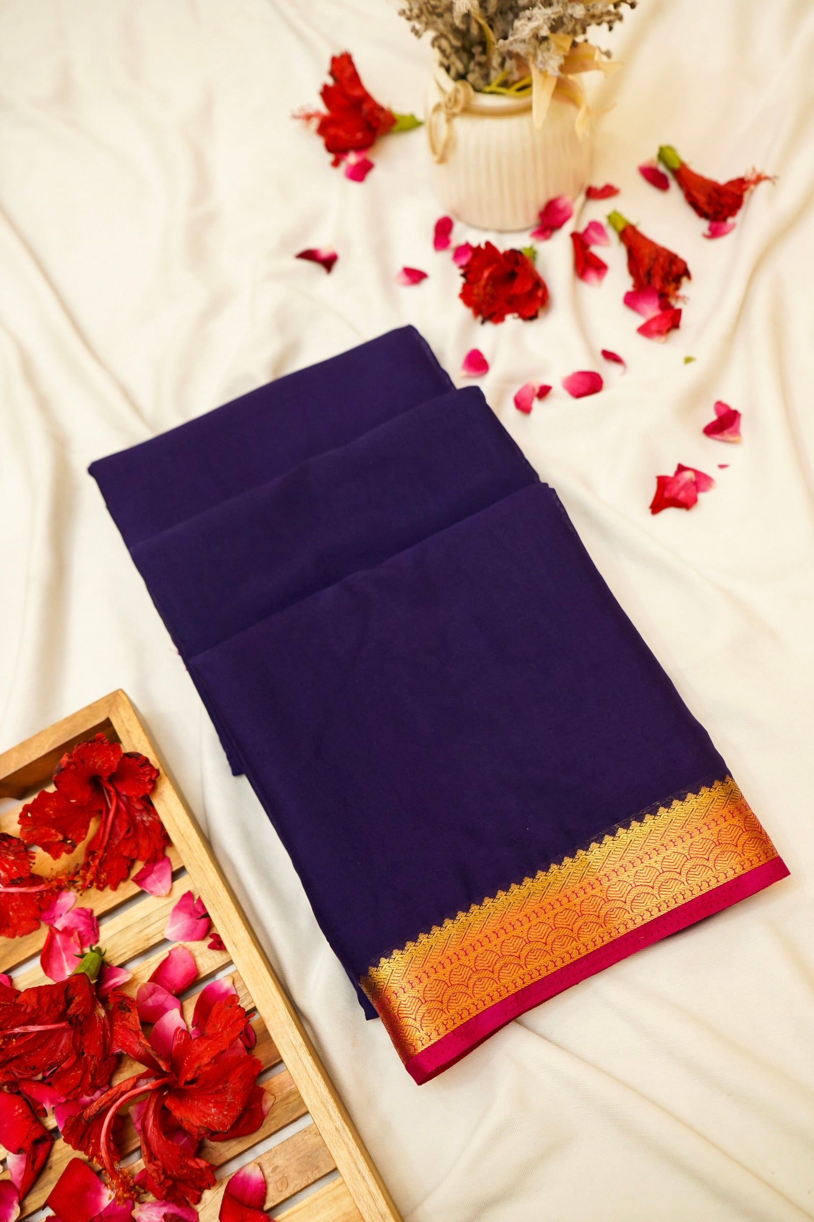 Maithili - Navy Blue Mysore Crepe Silk Saree with Magenta Border