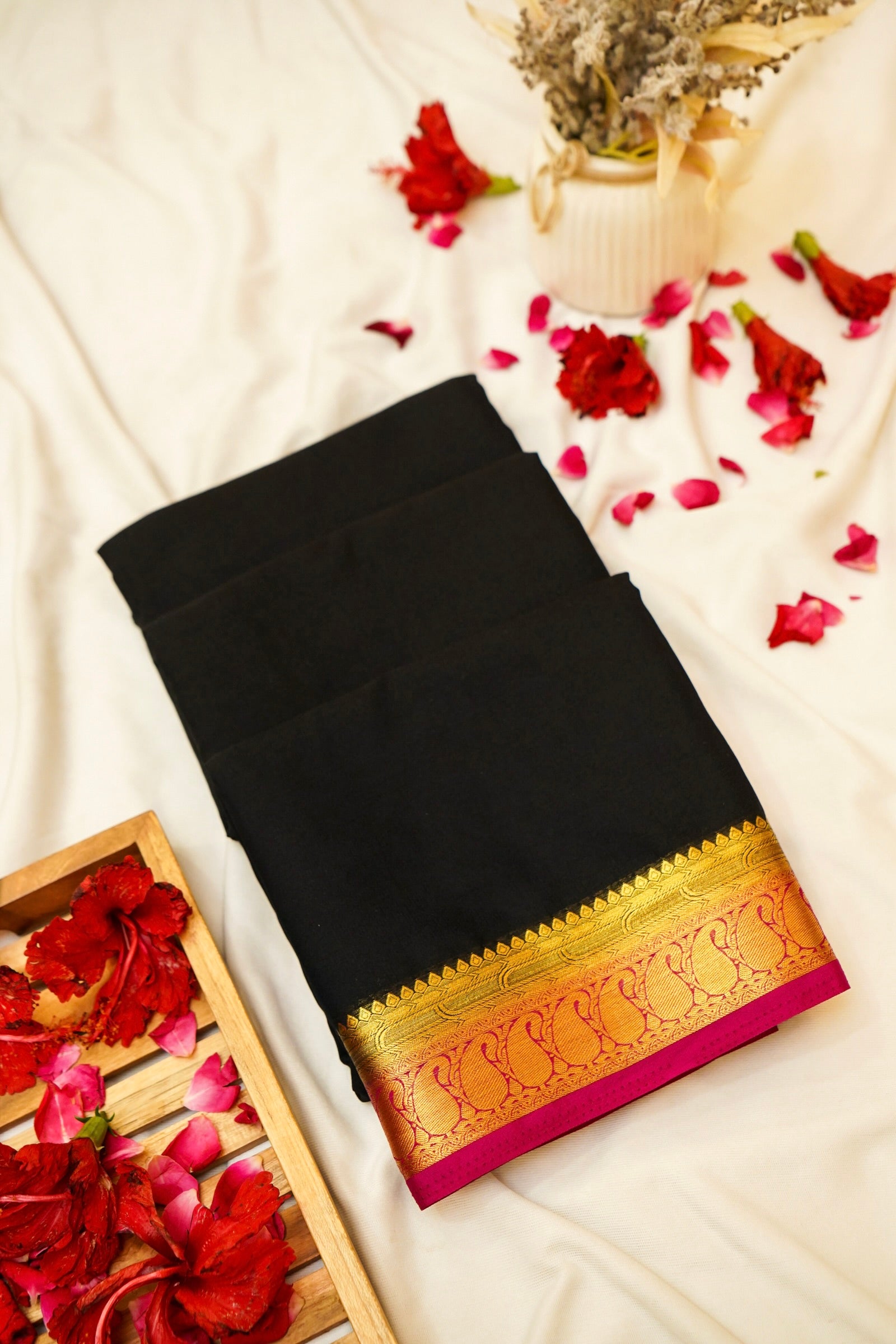 Maithili - Black Mysore Crepe Silk Saree with Magenta Border