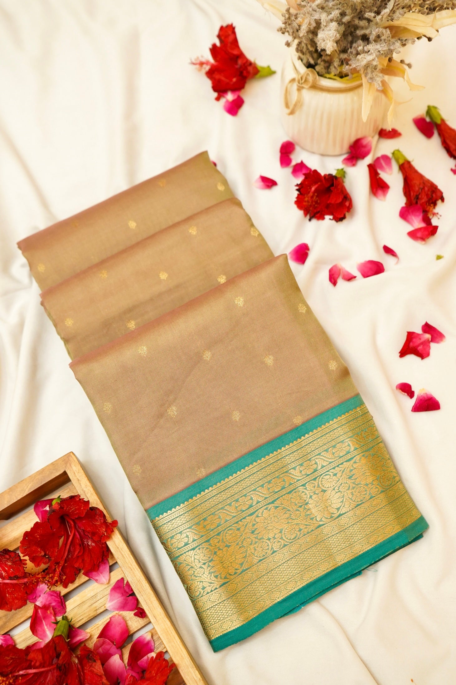 Maithili - Beige Pure Kanjipuram Silk Saree with Teal Green Border