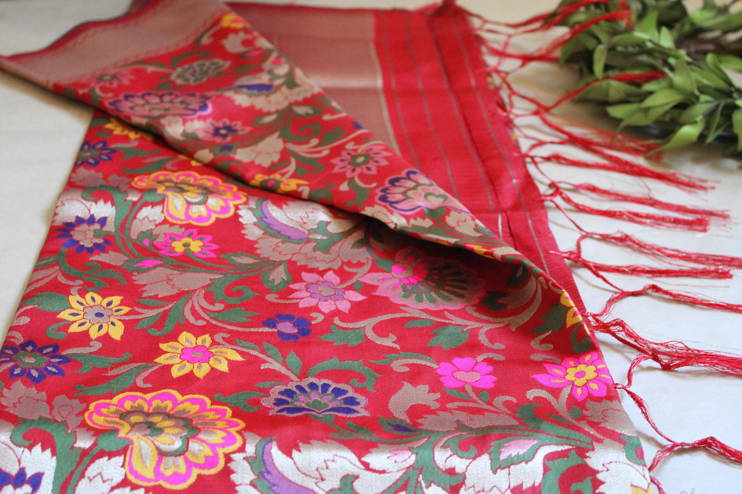 Banarasi Silk Bridal Red Dupatta with multicolor and gold floral handweaving, Indian traditional Festive wear, Luxurious Banarasi silk