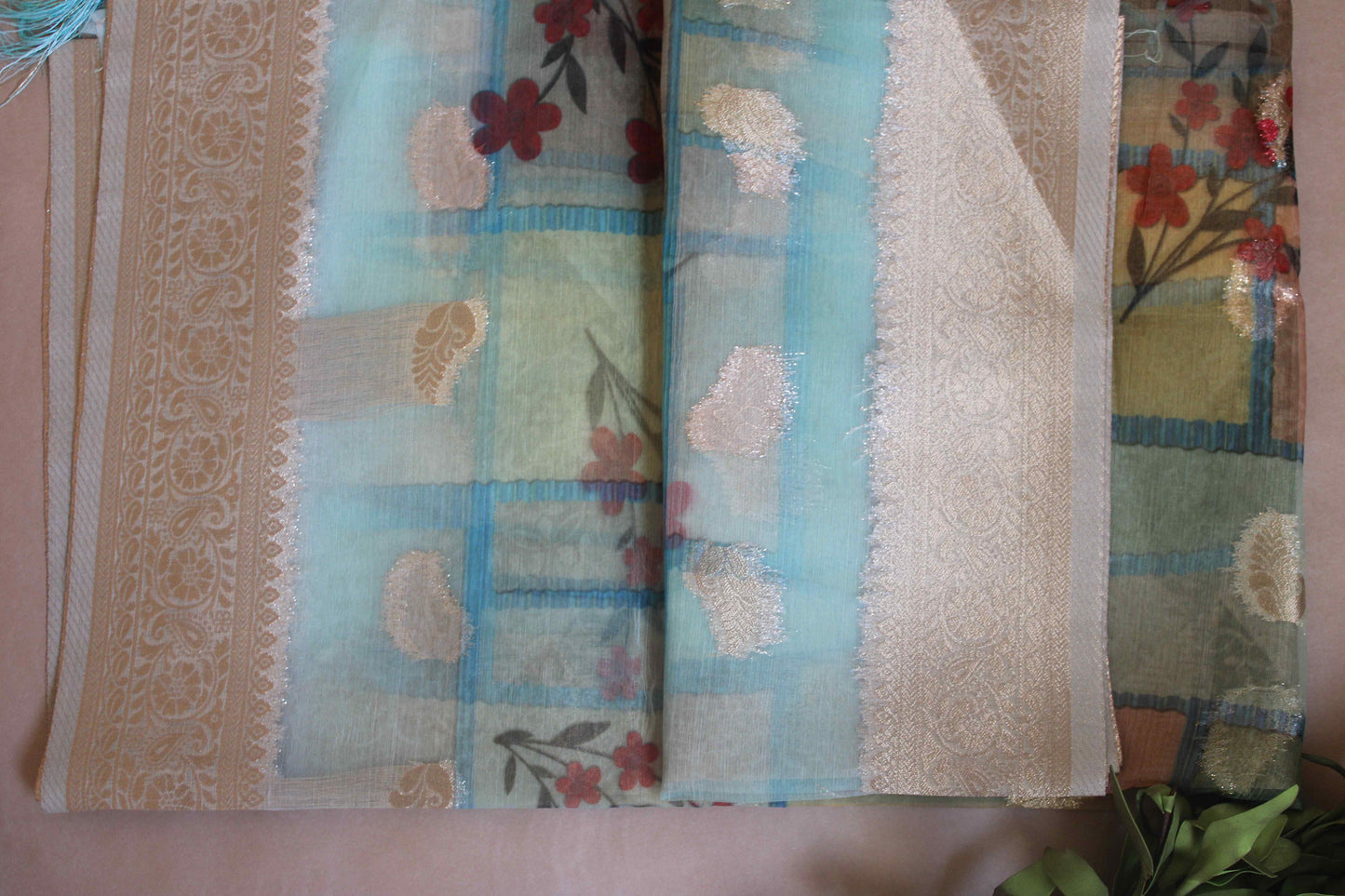 Banarasi Multicolor Organza Sheer Silk Dupatta with Sky Blue base, gold weaving, Indian traditional and Festive wear, Unique floral prints