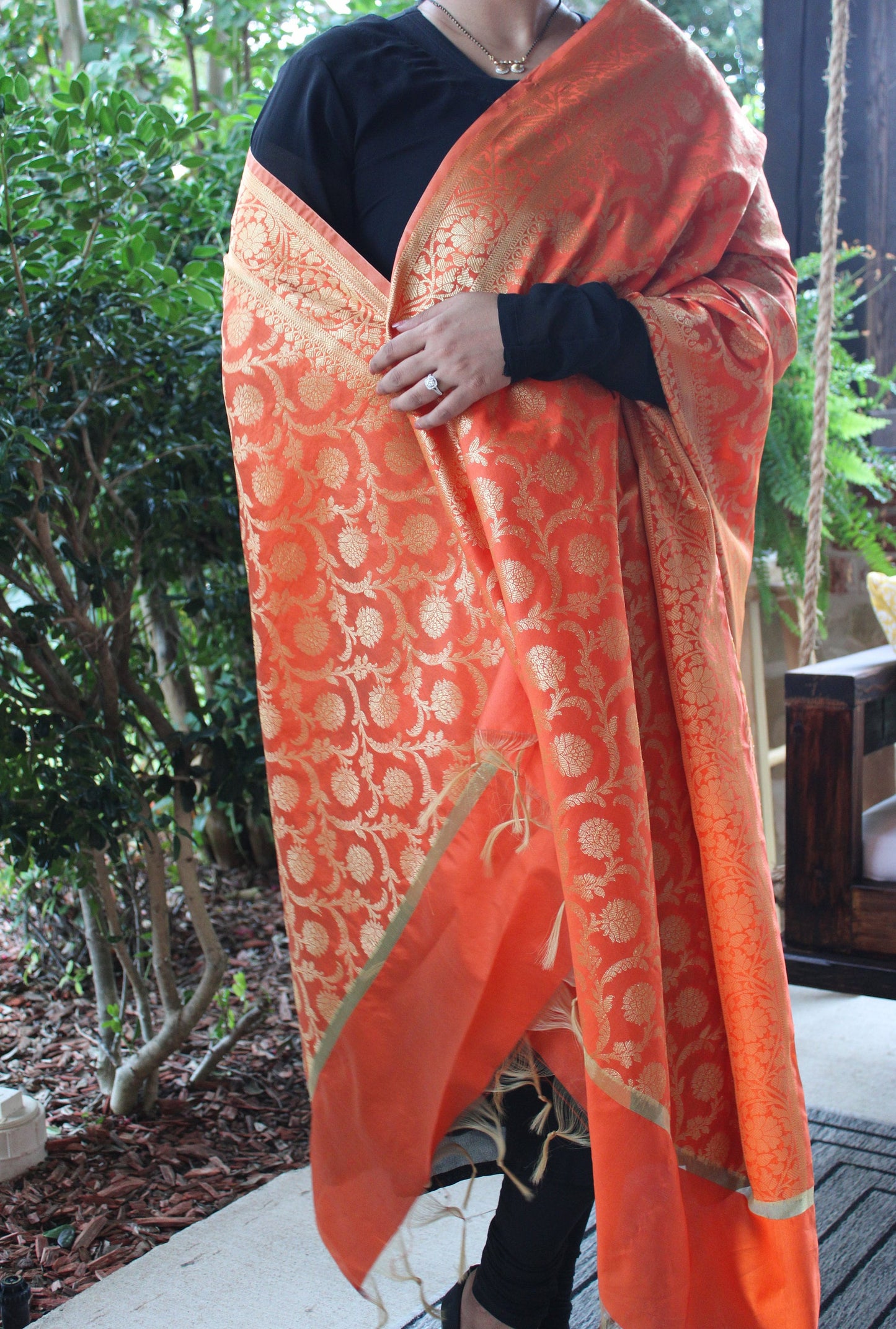 Banarasi Orange Dupatta with gold handweaving, Indian traditional and Festive designer dupatta, luxurious, soft to touch  dupatta