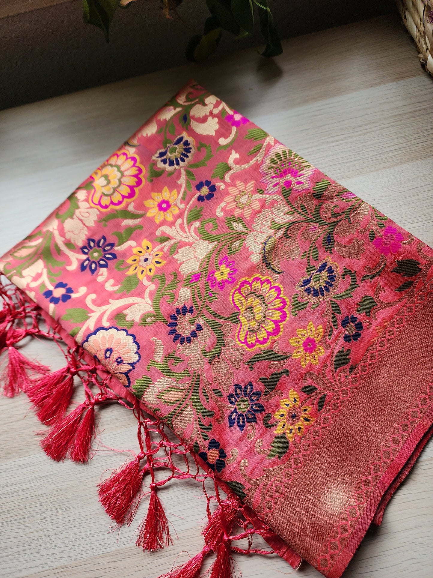 Banarasi Silk Coral Pink Dupatta, multicolor and gold floral handweaving, Indian traditional & Festive wear, Luxurious Soft Banarsi Dhupatta