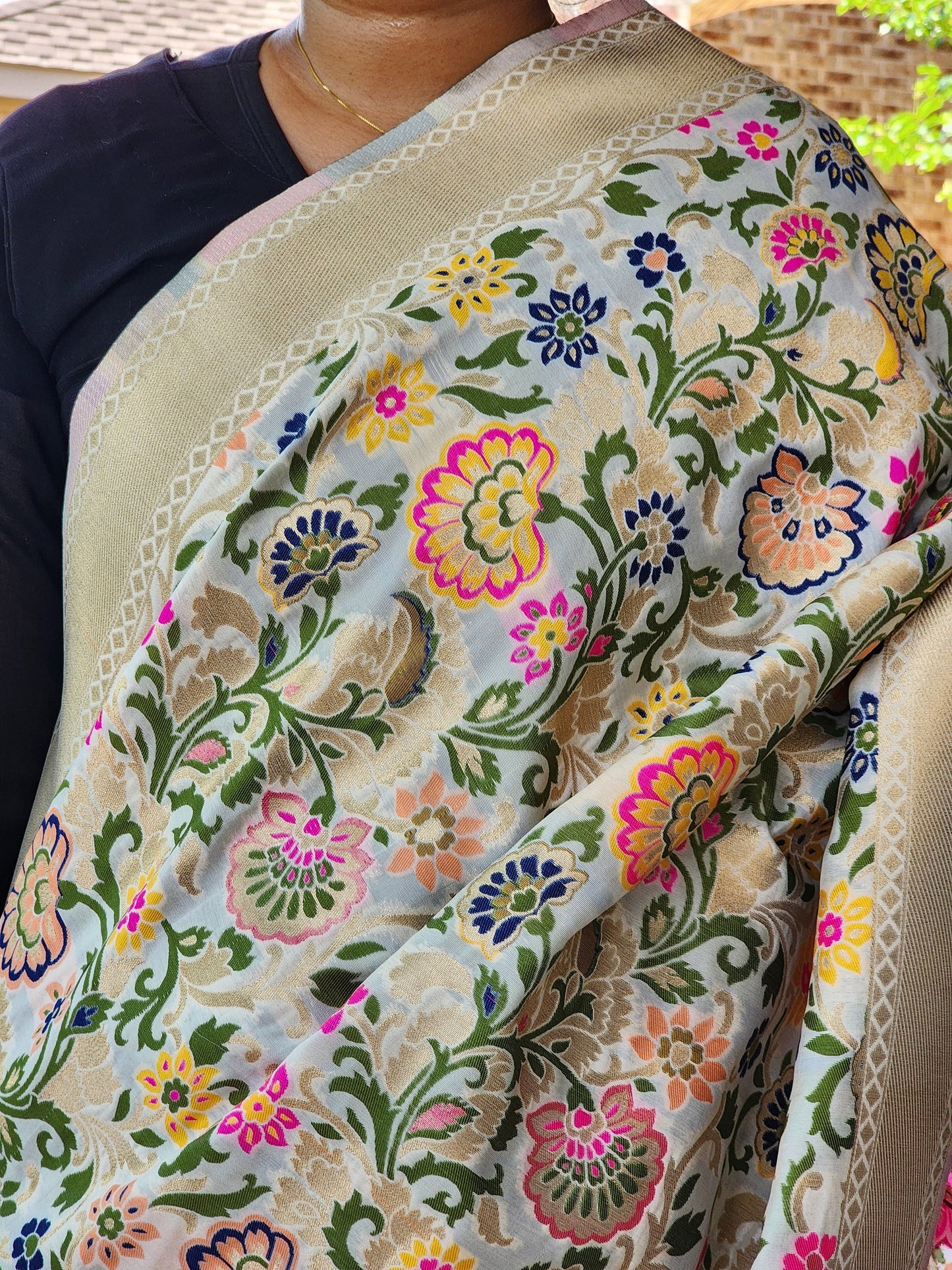 Banarasi Silk Off-White Dupatta, multicolor and gold floral handweaving, Indian traditional & Festive wear, Luxurious Soft Banarsi Dhupatta