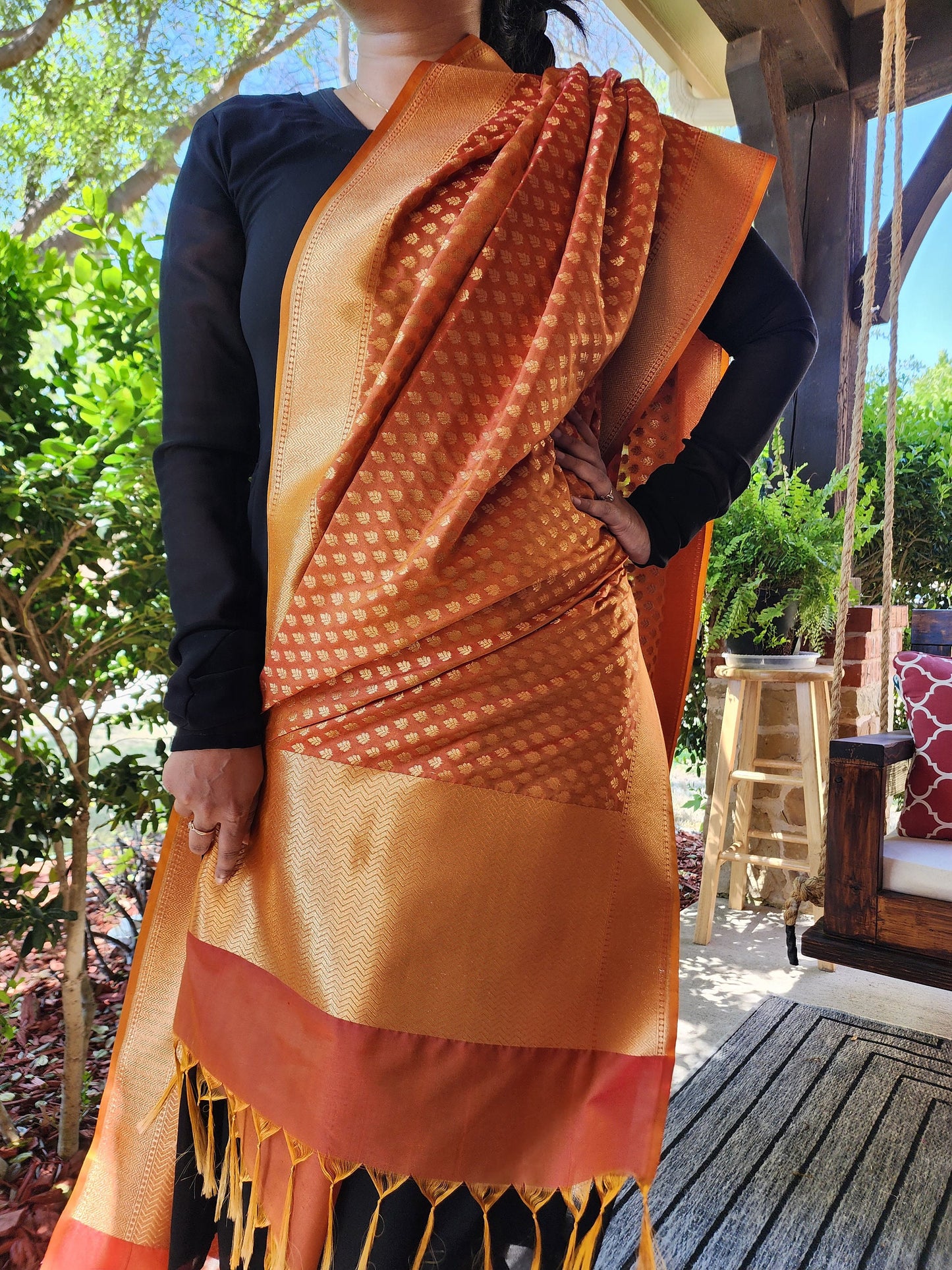 Banarasi Silk Peanut Brown Dupatta with gold handweaving, Indian traditional and Festive designer dupatta, luxurious soft Banarsi dupatta