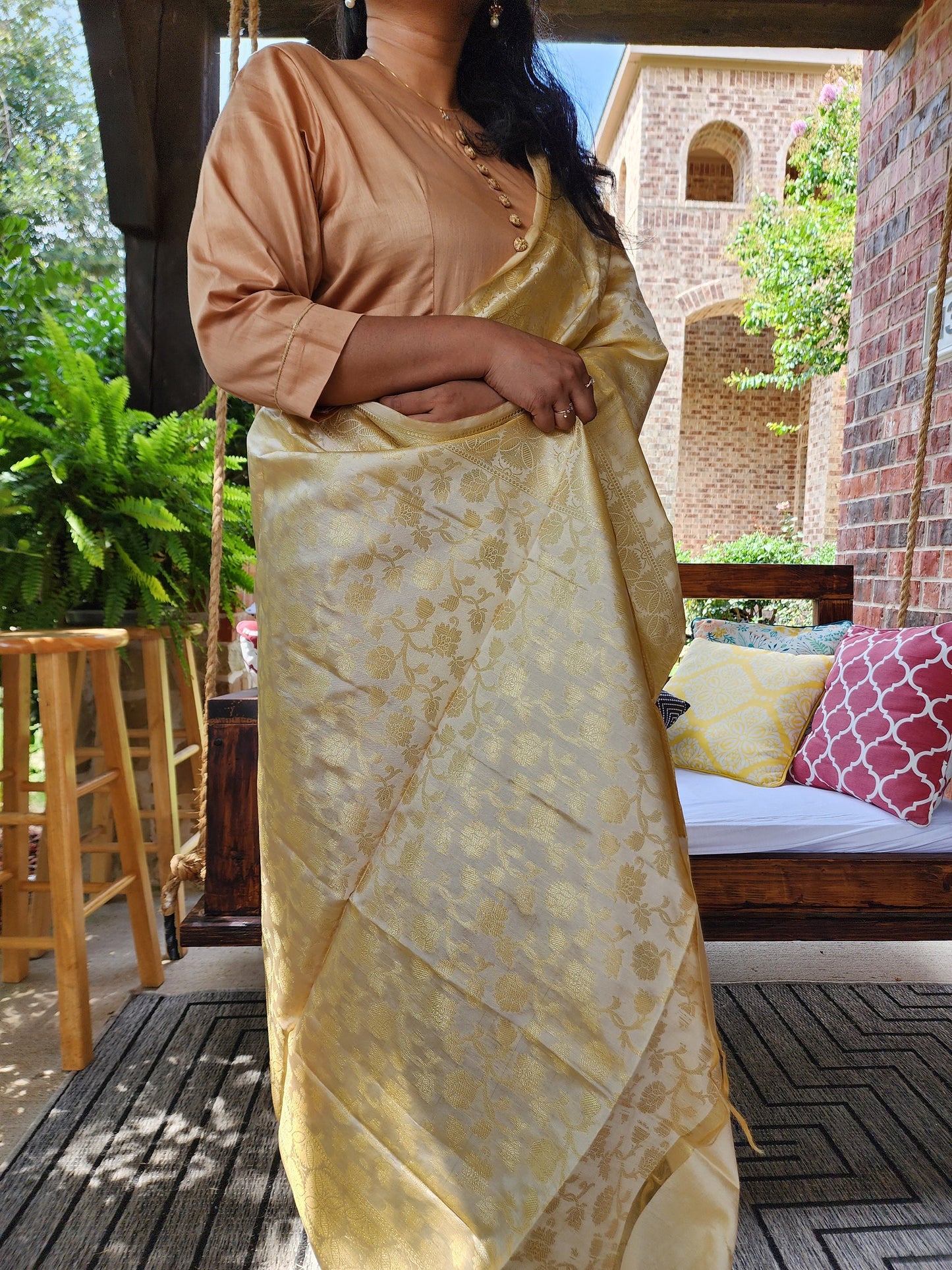 Indian A Line Style Kurta / Kurti, Beige and Gold Color Elegant Long Suit Dress, Leggings & Banarasi Dupatta set, Silky Smooth Designer Suit