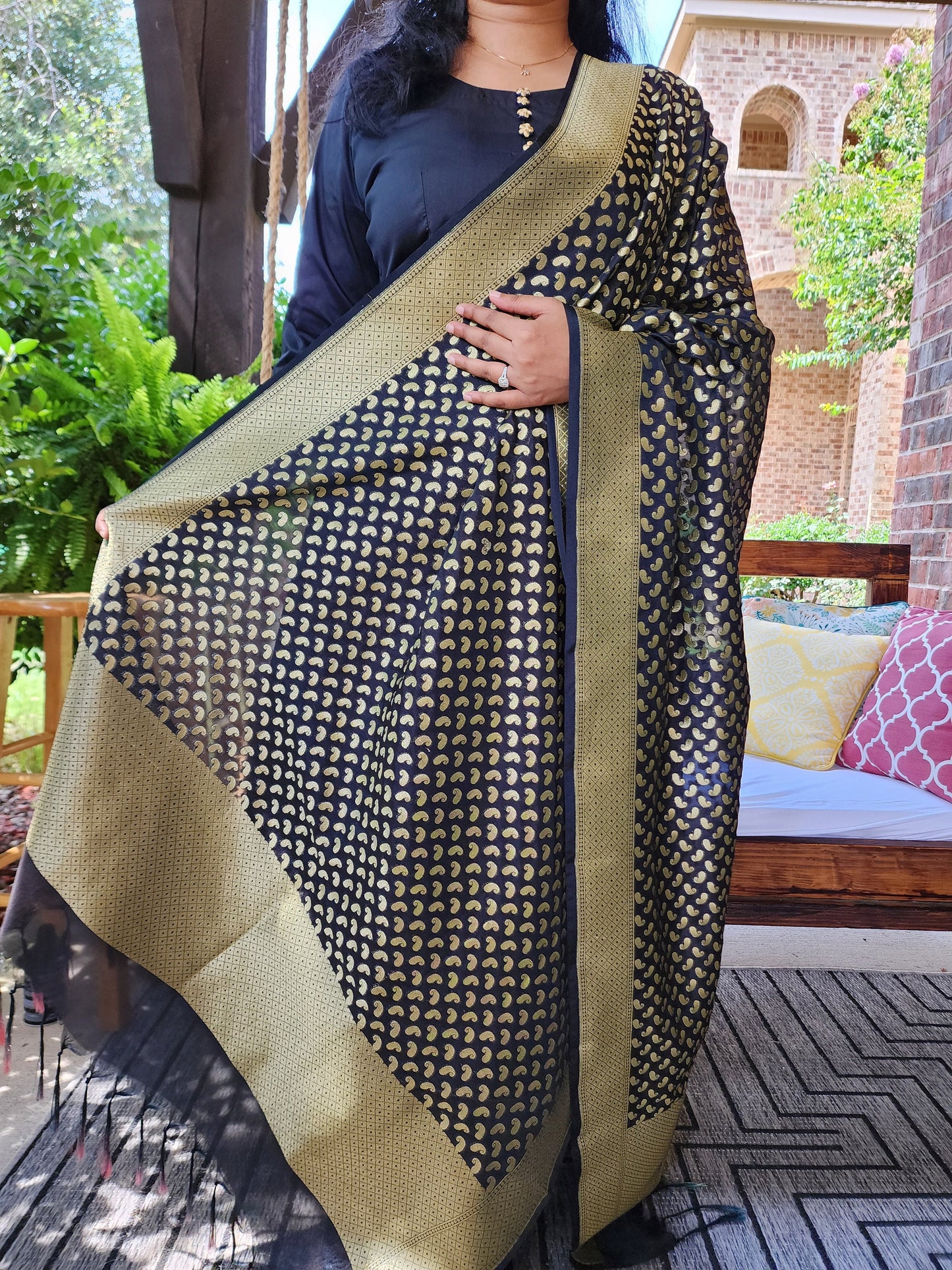 Indian A Line Style Kurta / Kurti, Black and Gold Color Elegant Long Suit Dress, Leggings & Banarasi Dupatta set, Silky Smooth Designer Suit