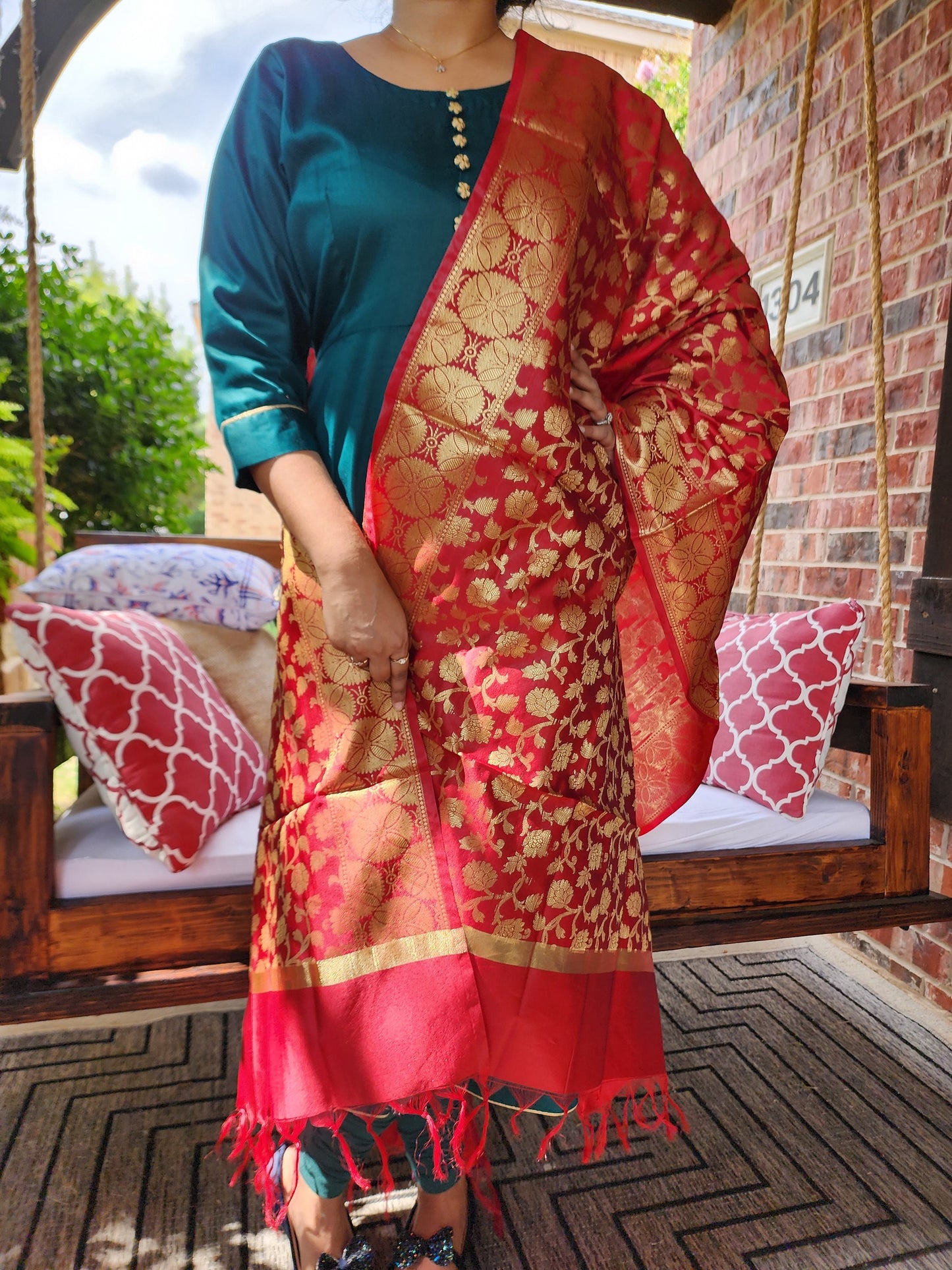 Indian A Line Style Kurta / Kurti, Bottle Green Color Elegant Long Suit Dress, Leggings & Banarasi Dupatta set, Silky Smooth Designer Suit