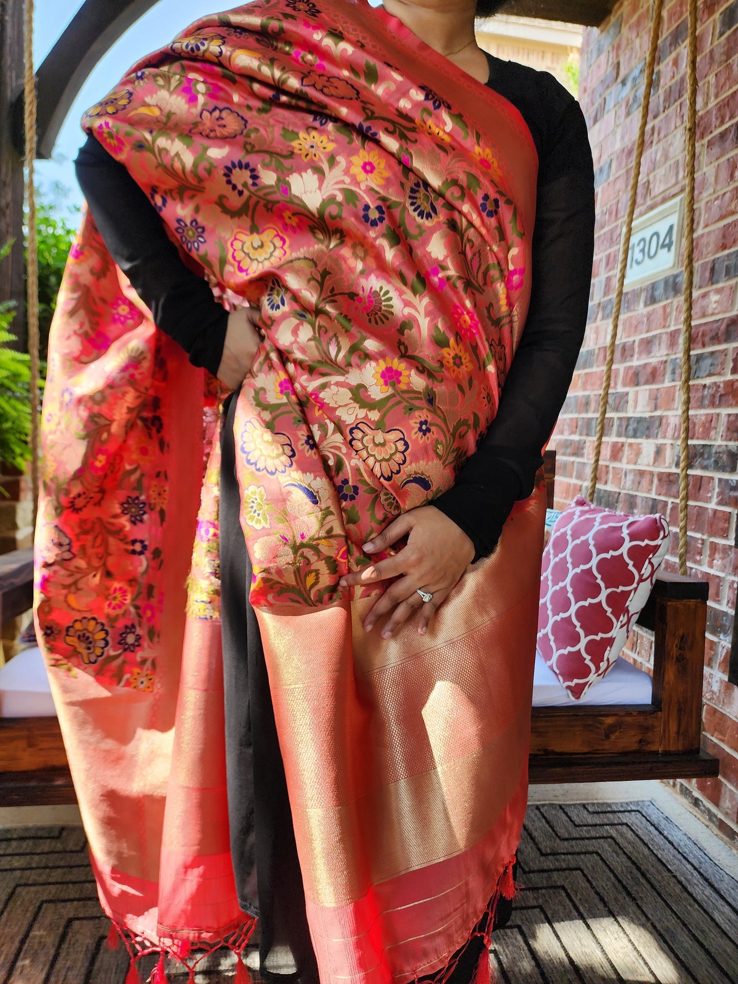 Banarasi Silk Coral Pink Dupatta, multicolor and gold floral handweaving, Indian traditional & Festive wear, Luxurious Soft Banarsi Dhupatta