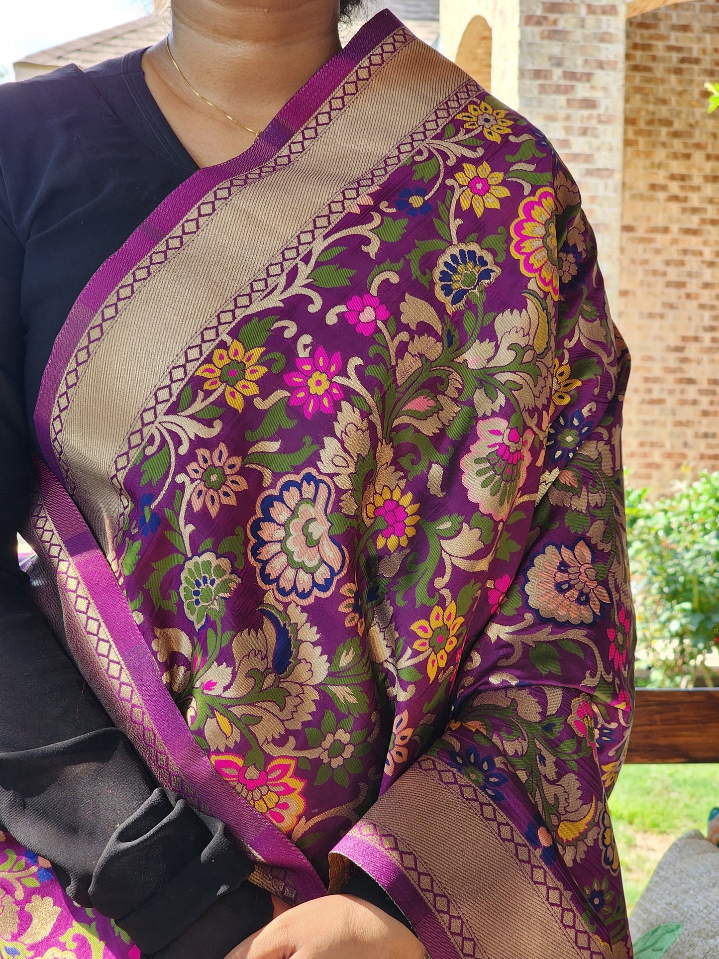 Banarasi Silk Dark Plum Dupatta, multicolor and gold floral handweaving, Indian traditional & Festive wear, Luxurious Soft Banarsi Dhupatta