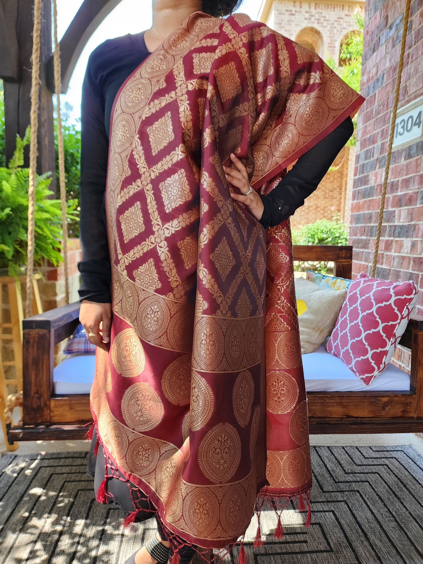Banarasi Silk Handwoven Brown Dupatta with golden weaving, Indian traditional and Festive dhupatta, luxurious and soft Banarsi silk