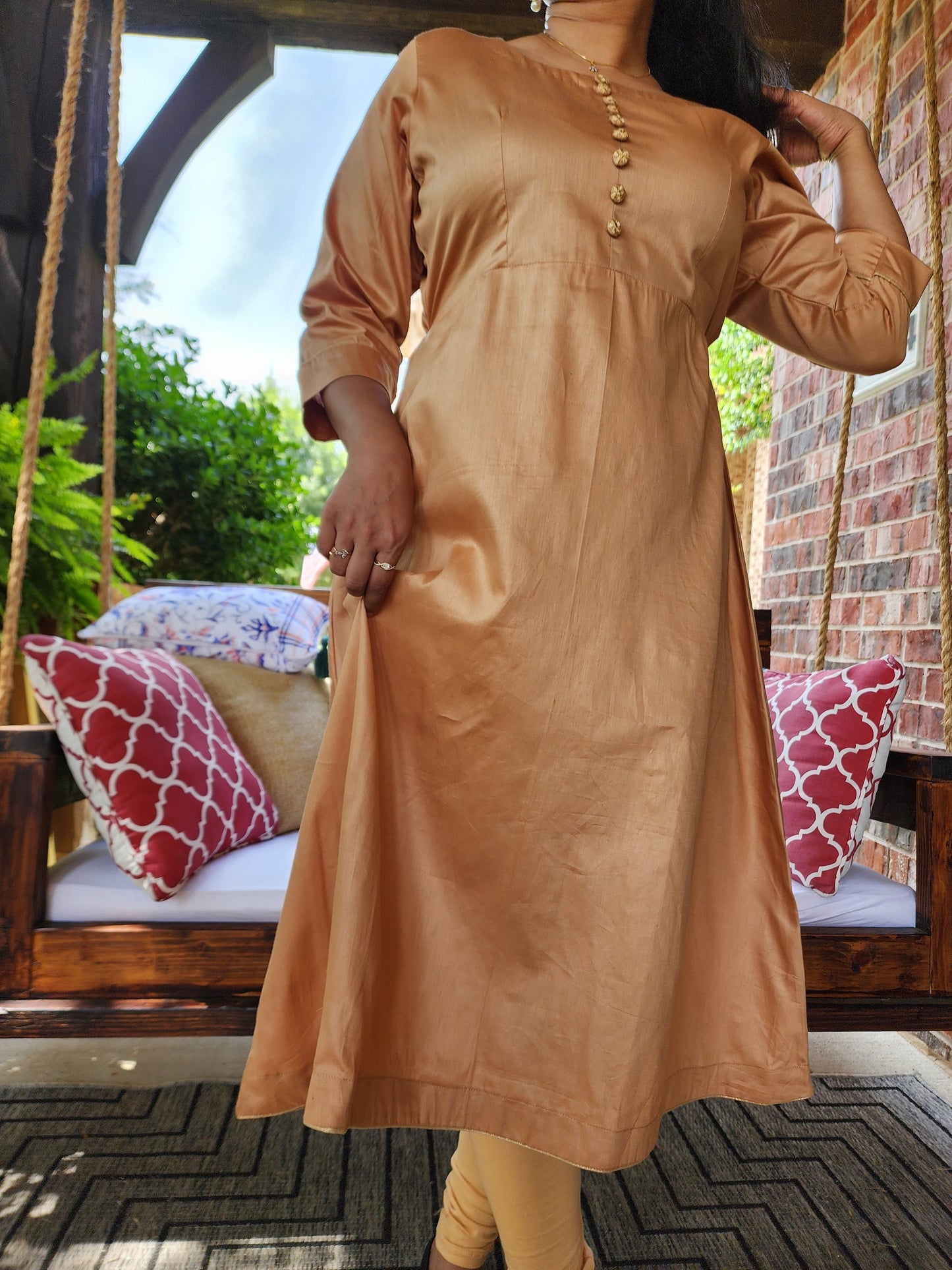 Indian A Line Style Kurta / Kurti, Beige and Gold Color Elegant Long Suit Dress, Leggings & Banarasi Dupatta set, Silky Smooth Designer Suit