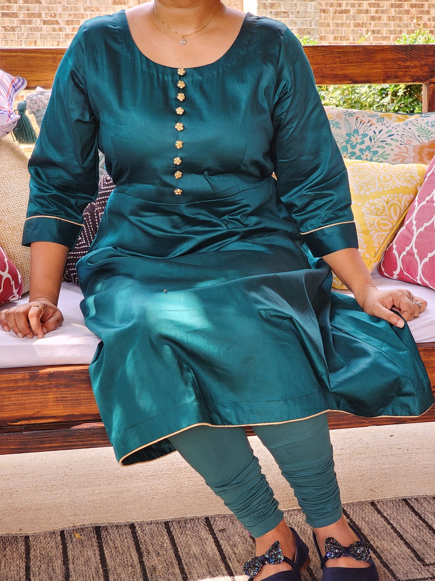 Indian A Line Style Kurta / Kurti, Bottle Green Color Elegant Long Suit Dress, Leggings & Banarasi Dupatta set, Silky Smooth Designer Suit